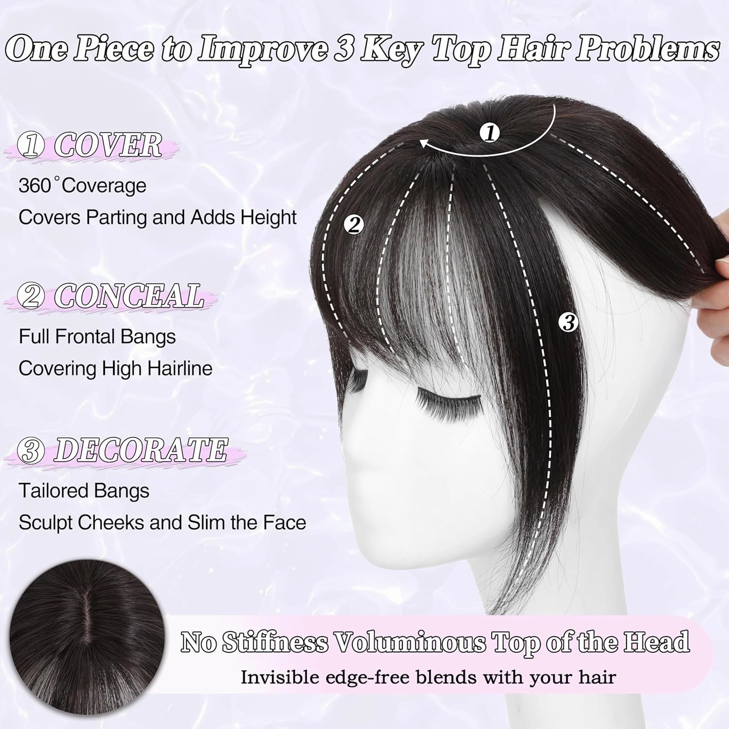 Hair Toppers for Women Real Human Hair-360°3D Topper with Bangs for Thinning Hair Clip in Bangs with Upgraded Silk Base Perfect for Daily Wear,5×10 Brown Black-1B