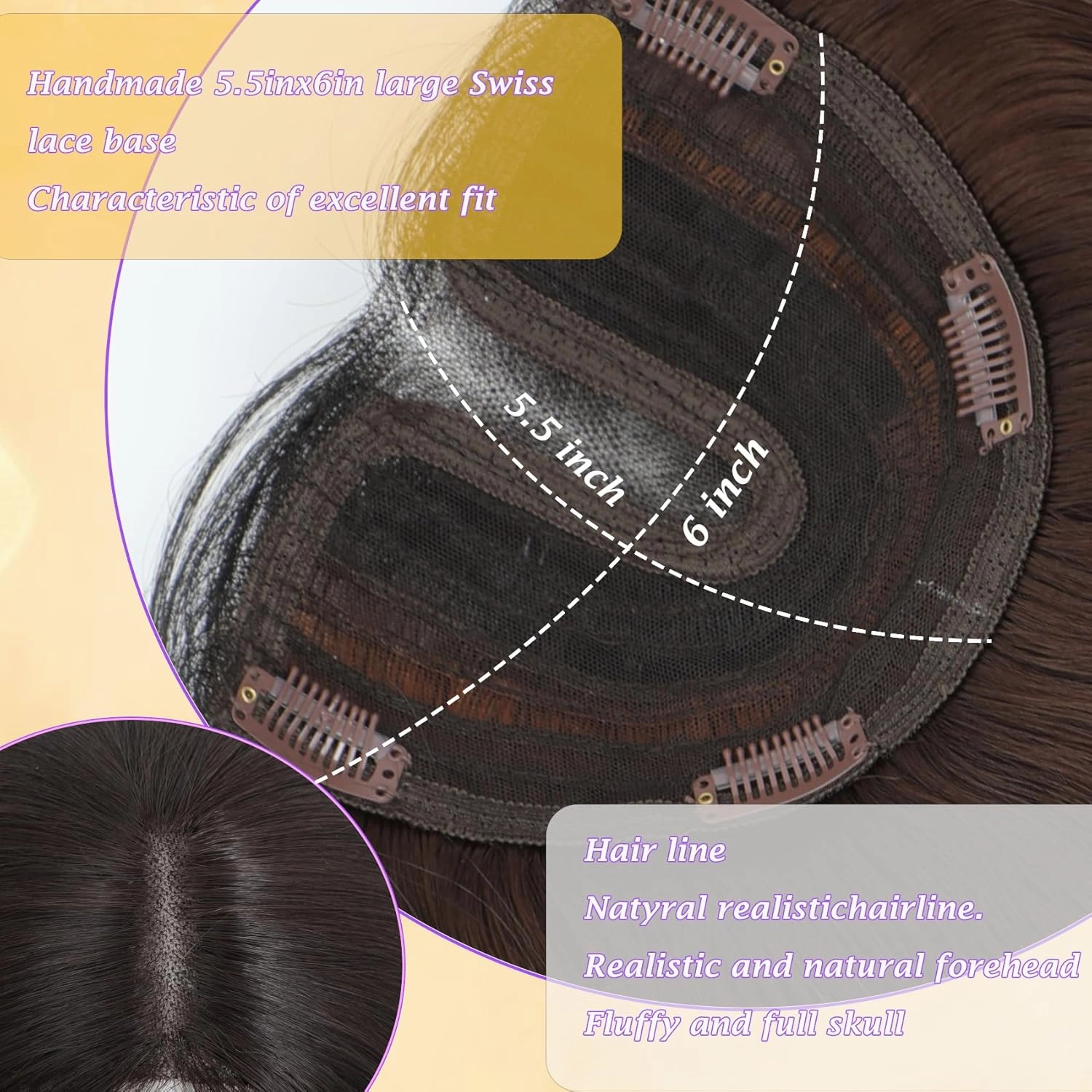 Hair Toppers for Women with Thinning 6''×5.5'' large Hair Straight Hair Topper with Bangs lace Hairpiece Synthetic Wig (Natural Black Root Blending into Dark Chestnut Brown with Ash Blonde Highlights)