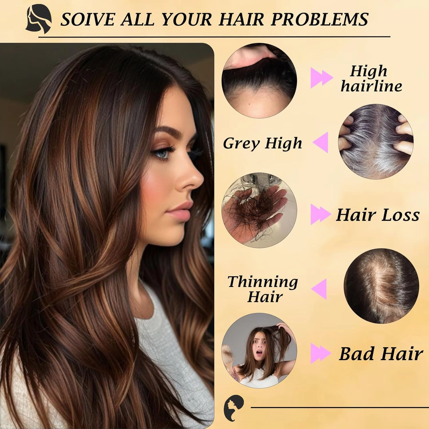 Hair Toppers for Women with Thinning 6''×5.5'' large Hair Straight Hair Topper with Bangs lace Hairpiece Synthetic Wig (Natural Black Root Blending into Dark Chestnut Brown with Ash Blonde Highlights)