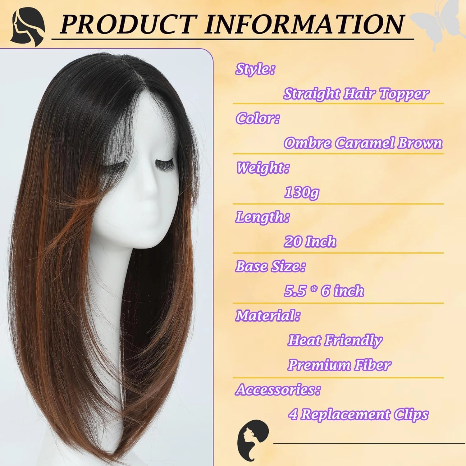 Hair Toppers for Women with Thinning 6''×5.5'' large Hair Straight Hair Topper with Bangs lace Hairpiece Synthetic Wig (Natural Black Root Blending into Dark Chestnut Brown with Ash Blonde Highlights)