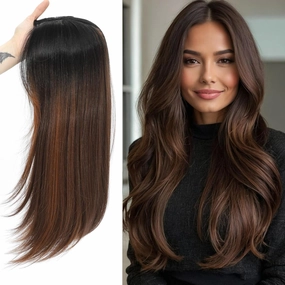 Hair Toppers for Women with Thinning 6''×5.5'' large Hair Straight Hair Topper with Bangs lace Hairpiece Synthetic Wig (Natural Black Root Blending into Dark Chestnut Brown with Ash Blonde Highlights)