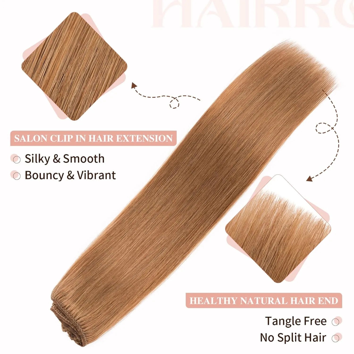 Hairro 20 Inch Clip in Hair Extensions 100% Human Hair Thin Blondish Brown 8 Pcs 18 Clips 70g Standard Weft Straight Clip on Human Hairpieces for Women Beauty