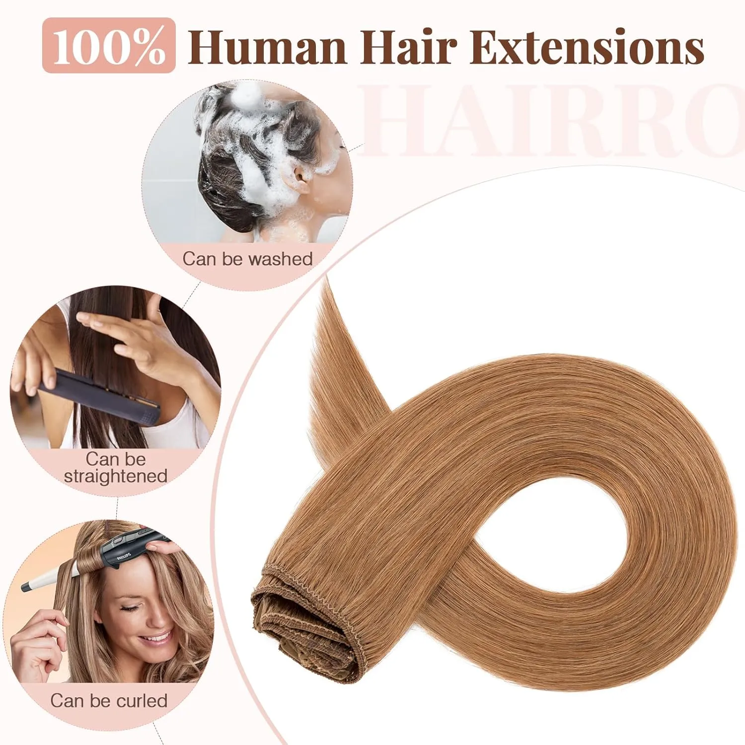 Hairro 20 Inch Clip in Hair Extensions 100% Human Hair Thin Blondish Brown 8 Pcs 18 Clips 70g Standard Weft Straight Clip on Human Hairpieces for Women Beauty