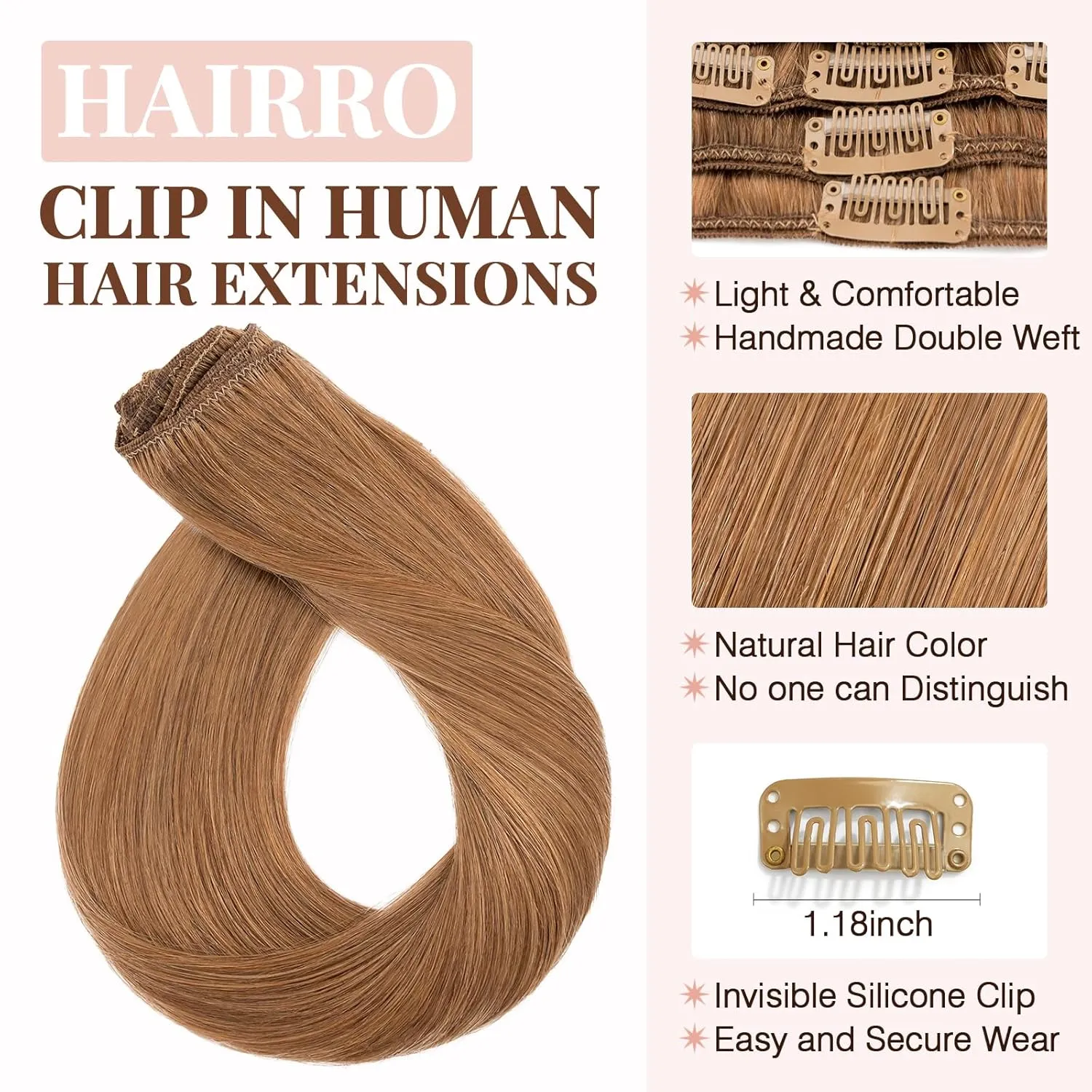 Hairro 20 Inch Clip in Hair Extensions 100% Human Hair Thin Blondish Brown 8 Pcs 18 Clips 70g Standard Weft Straight Clip on Human Hairpieces for Women Beauty