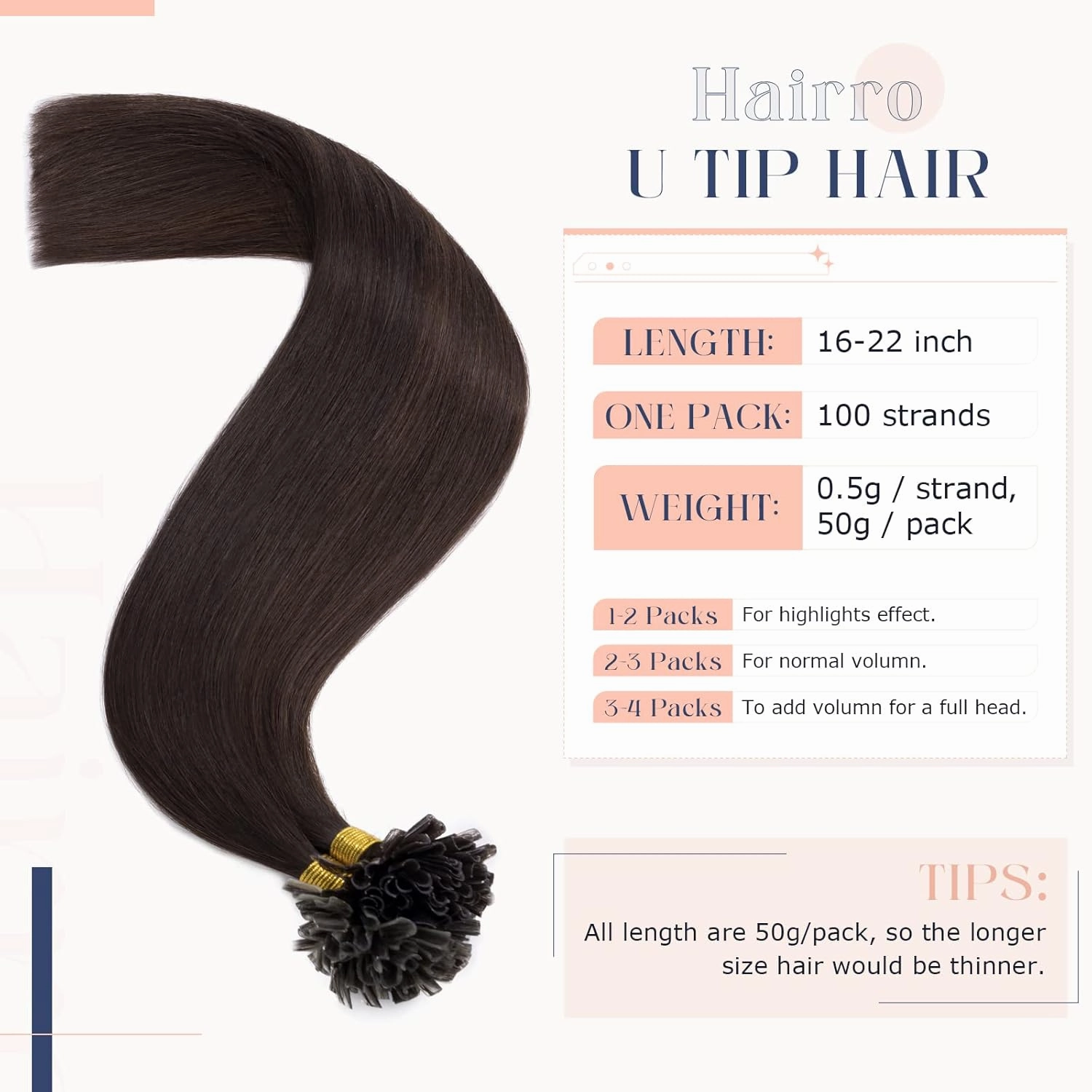 Hairro U Tip Human Hair Extension Pre Bonded Hot Fusion Hairpiece For Women Remy Nail Tipped Hair Pieces Silky Straight Keratin Utips Hair Extension 20" 50g #02 Dark Brown
