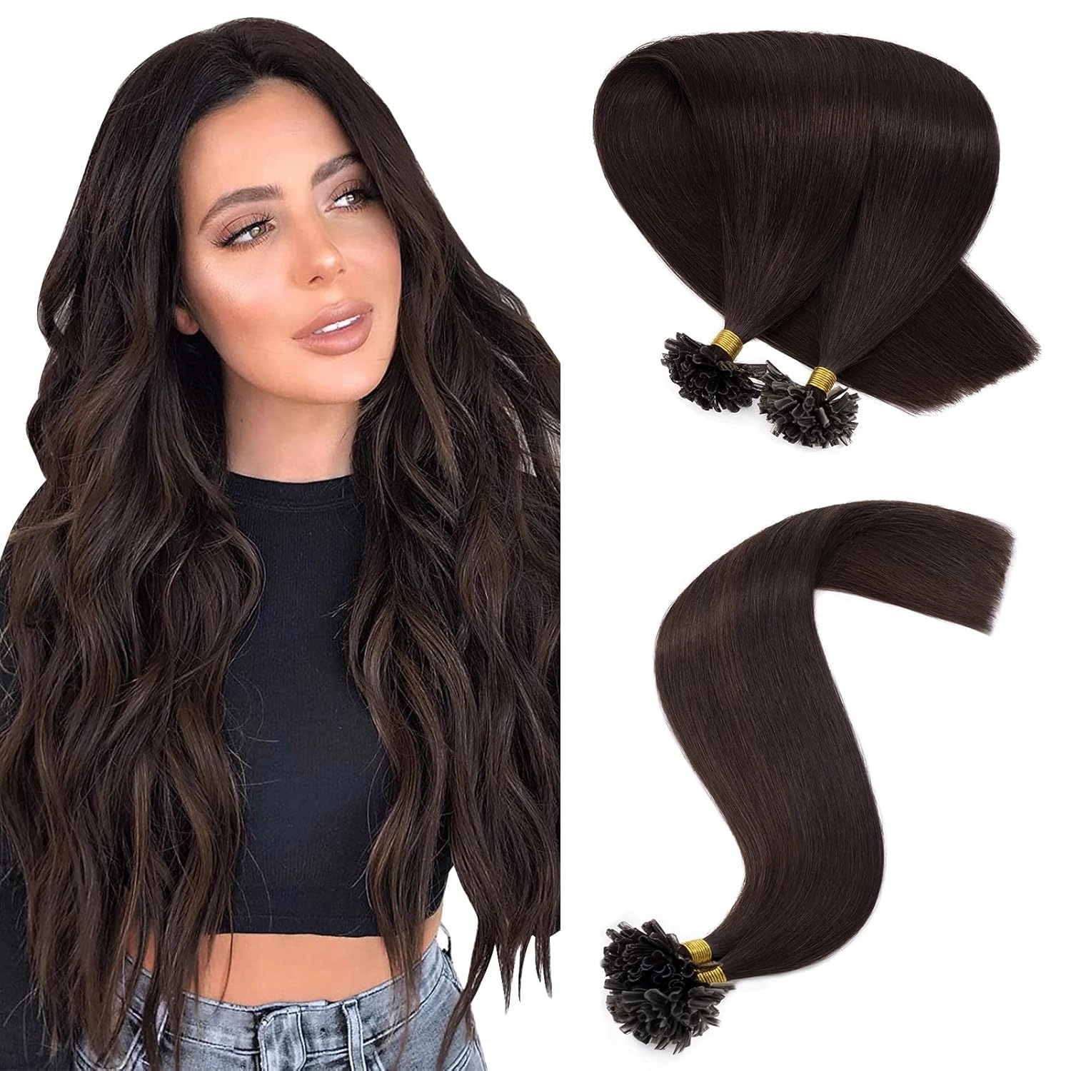 Hairro U Tip Human Hair Extension Pre Bonded Hot Fusion Hairpiece For Women Remy Nail Tipped Hair Pieces Silky Straight Keratin Utips Hair Extension 20" 50g #02 Dark Brown