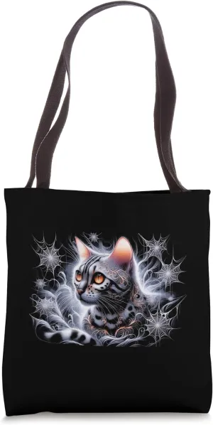 Halloween Mystique: Silver Bengal Cat Amidst Cobwebs Tote Bag