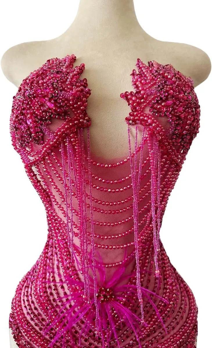 Handmade Sewing Tassel Beads Patches Rhinestones Bodice Applique with Ostrich Feather Decoration Shining Dress Clothing Accessories 17X27.5inches (Rose red)