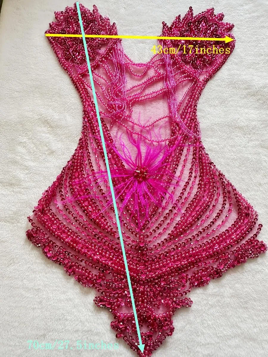 Handmade Sewing Tassel Beads Patches Rhinestones Bodice Applique with Ostrich Feather Decoration Shining Dress Clothing Accessories 17X27.5inches (Rose red)