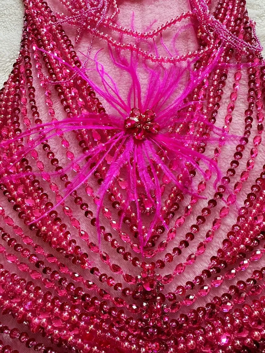 Handmade Sewing Tassel Beads Patches Rhinestones Bodice Applique with Ostrich Feather Decoration Shining Dress Clothing Accessories 17X27.5inches (Rose red)