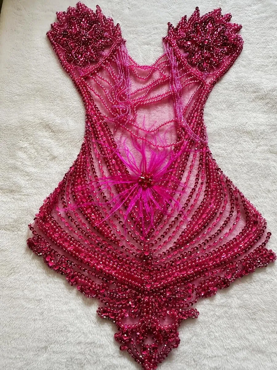 Handmade Sewing Tassel Beads Patches Rhinestones Bodice Applique with Ostrich Feather Decoration Shining Dress Clothing Accessories 17X27.5inches (Rose red)