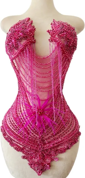 Handmade Sewing Tassel Beads Patches Rhinestones Bodice Applique with Ostrich Feather Decoration Shining Dress Clothing Accessories 17X27.5inches (Rose red)