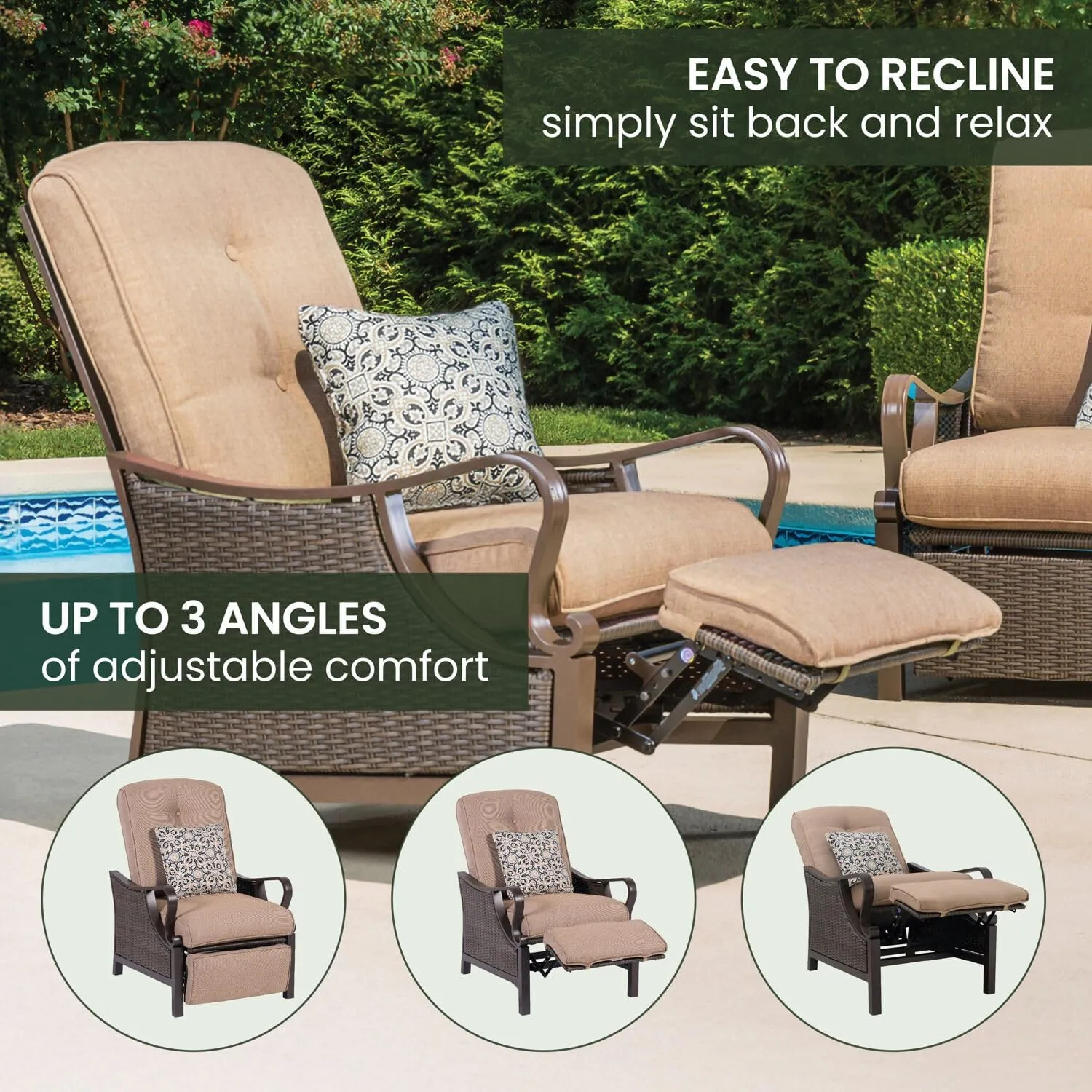 Hanover Ventura Outdoor Recliner in Tan, Outdoor Recliner Chair for Porch, Deck, Pool, Lounge Chairs for Outside Seating