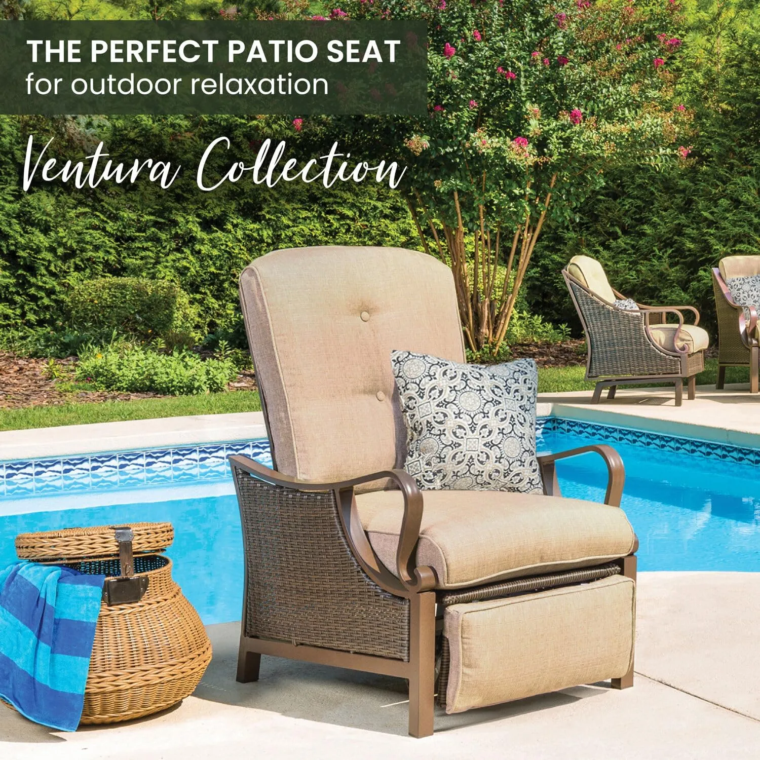 Hanover Ventura Outdoor Recliner in Tan, Outdoor Recliner Chair for Porch, Deck, Pool, Lounge Chairs for Outside Seating