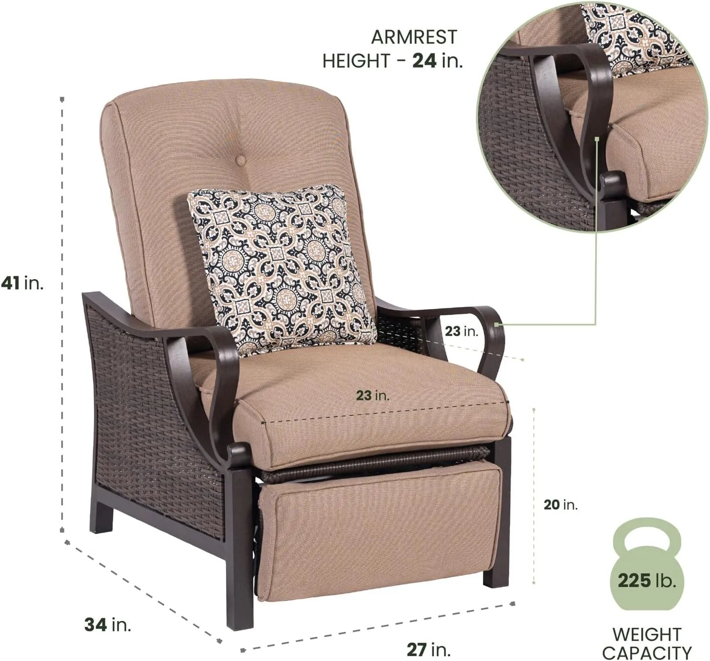 Hanover Ventura Outdoor Recliner in Tan, Outdoor Recliner Chair for Porch, Deck, Pool, Lounge Chairs for Outside Seating