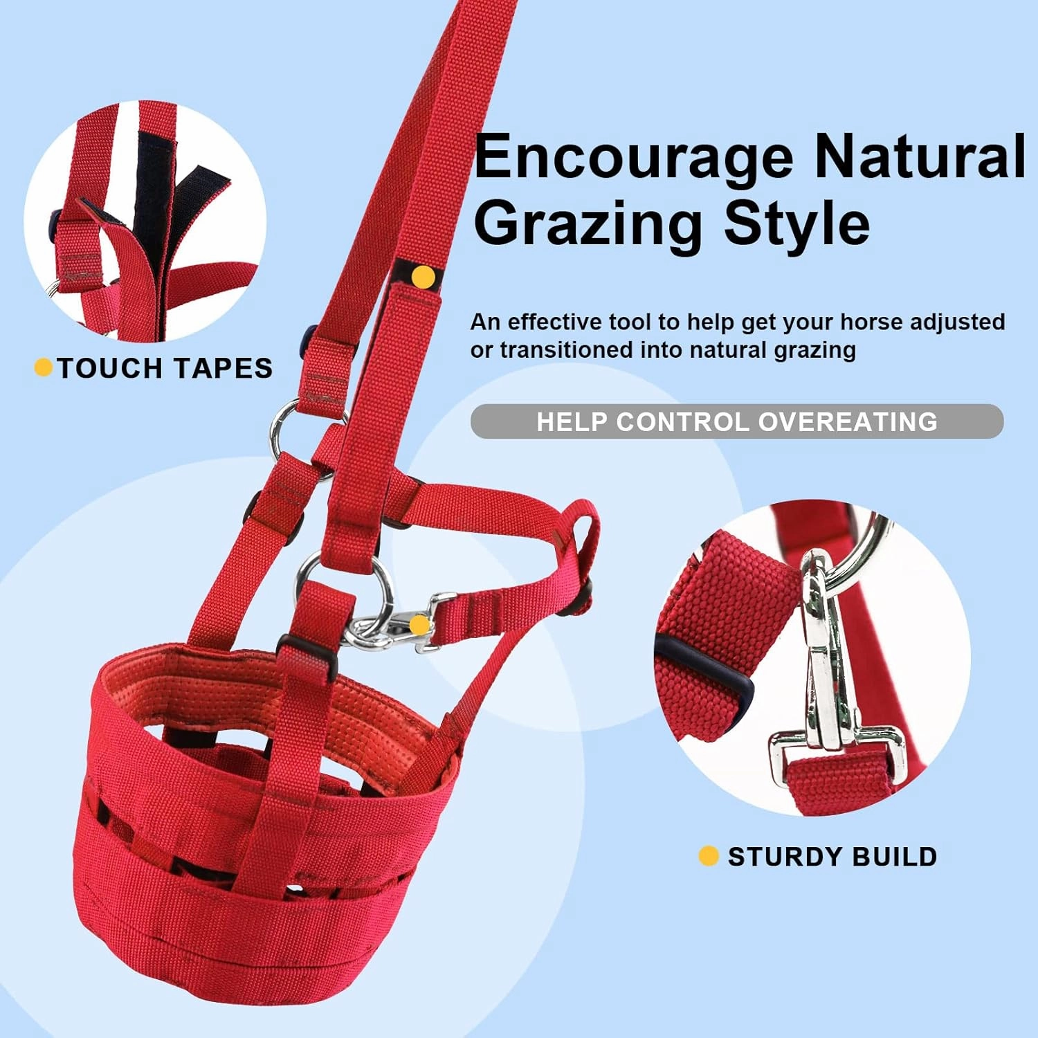 Harrison Howard Horse Grazing Muzzle Feed Bag Comfortable Breathable Horse Feeder with Adjustable Strap Red Medium