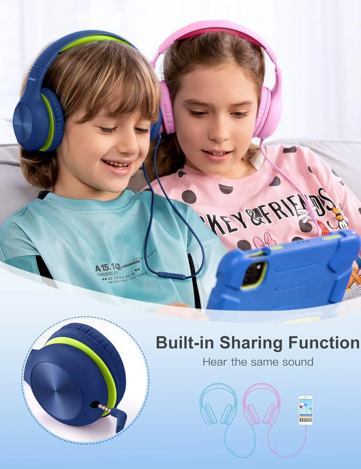 Headphones for Kids for School, Kids Headphones with Microphone, Sharing Function, 85dB/94dB Safe Volume Limit, HD Sound, Over Ear Kid Headphone for School, On-line Study, Travel, DarkGreen
