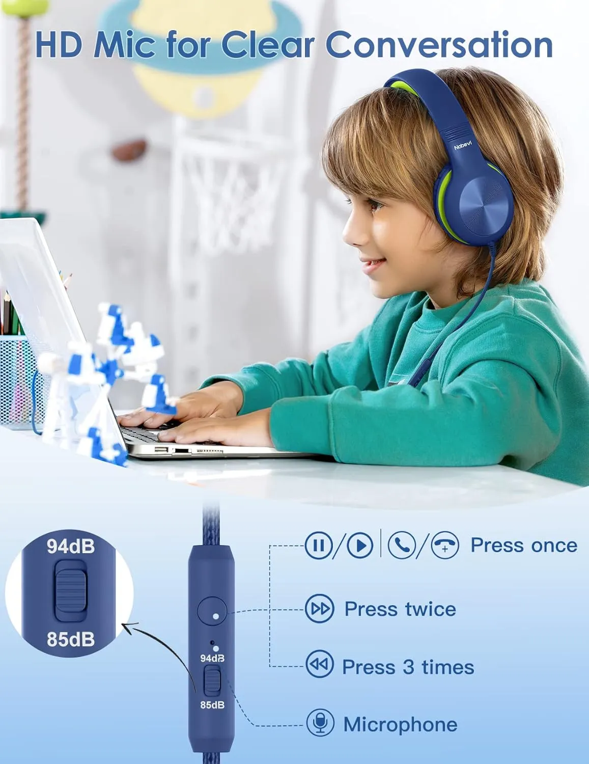 Headphones for Kids for School, Kids Headphones with Microphone, Sharing Function, 85dB/94dB Safe Volume Limit, HD Sound, Over Ear Kid Headphone for School, On-line Study, Travel, DarkGreen