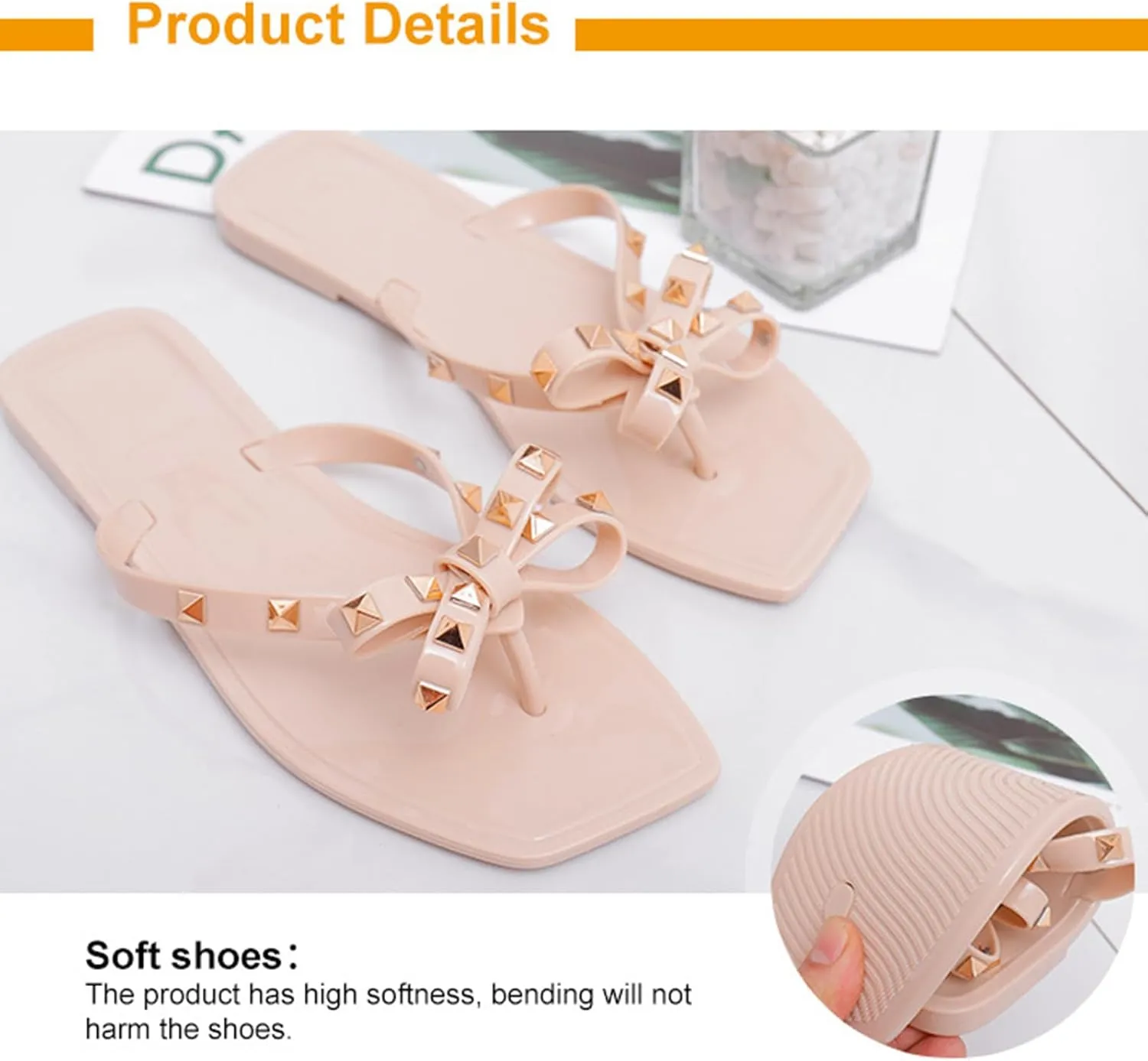 Helenbra Women's Studded Flat Jelly Flip Flops Sandals Summer Square Open Toe Beach Thong Rivets Bow Strappy Slip On Slides Beach Rain Shoes