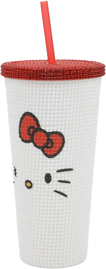 Hello Kitty Big Face 20 Oz White Rhinestone-Studded Plastic Tumbler Cup