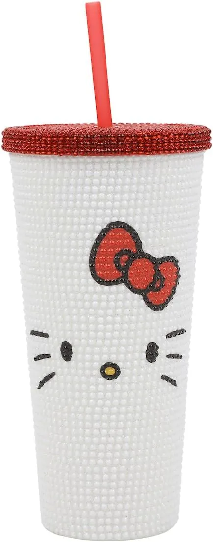 Hello Kitty Big Face 20 Oz White Rhinestone-Studded Plastic Tumbler Cup