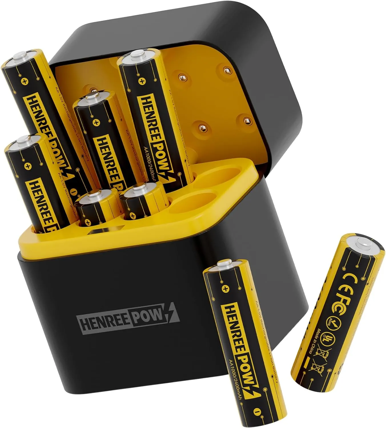 Henreepow Rechargeable Lithium AA Batteries, 8-Pack with Integrated Charging Storage Box, 3600mWh 1.5V Constant Output, Long Lasting Rechargeable Li-ion Batteries with Cycle Times up to 1600x