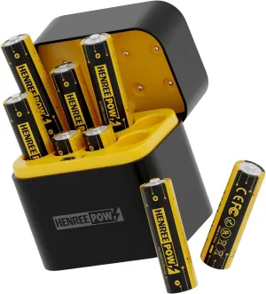 Henreepow Rechargeable Lithium AA Batteries, 8-Pack with Integrated Charging Storage Box, 3600mWh 1.5V Constant Output, Long Lasting Rechargeable Li-ion Batteries with Cycle Times up to 1600x
