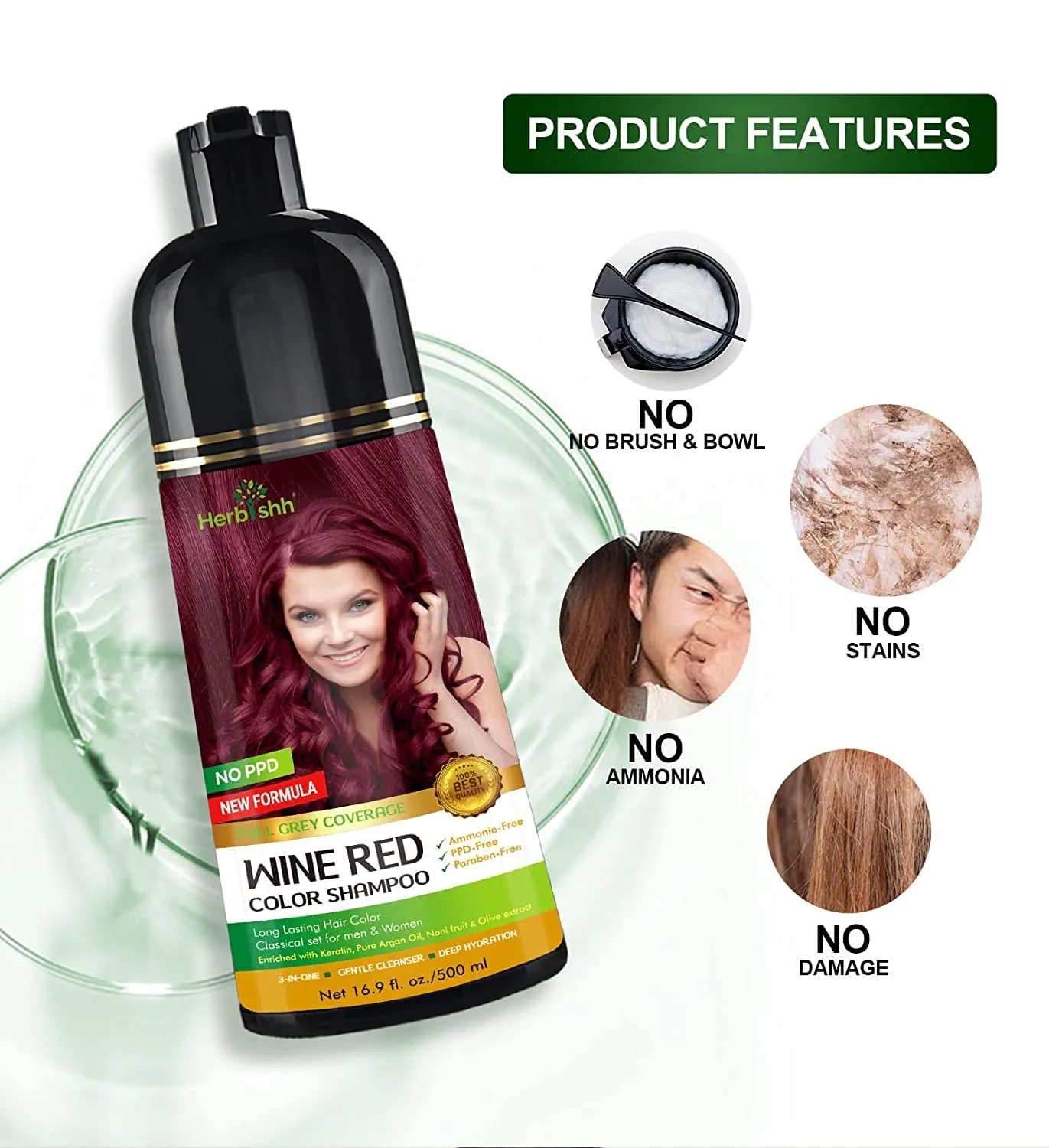 Herbishh Hair Color Shampoo - Magic Dye for Gray Hair, Long Lasting Color in Minutes, 3-In-1, Ammonia-Free, 500 Ml (Wine Red)