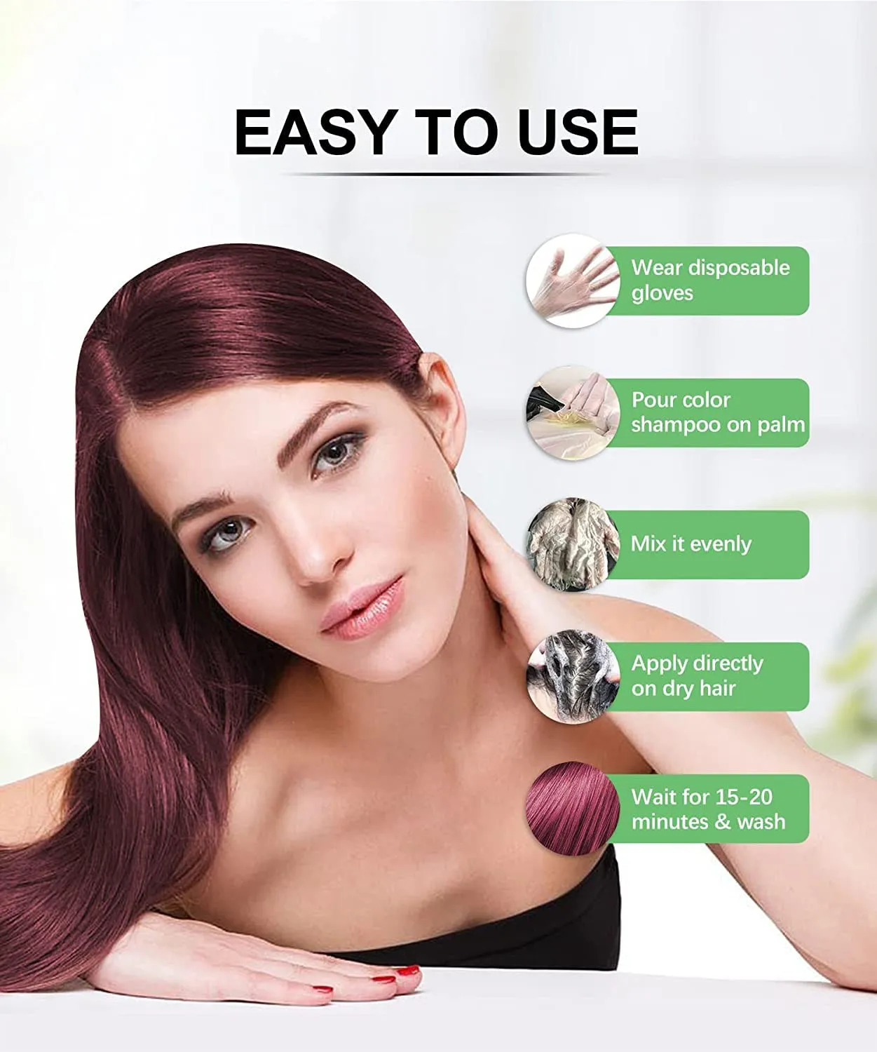 Herbishh Hair Color Shampoo - Magic Dye for Gray Hair, Long Lasting Color in Minutes, 3-In-1, Ammonia-Free, 500 Ml (Wine Red)