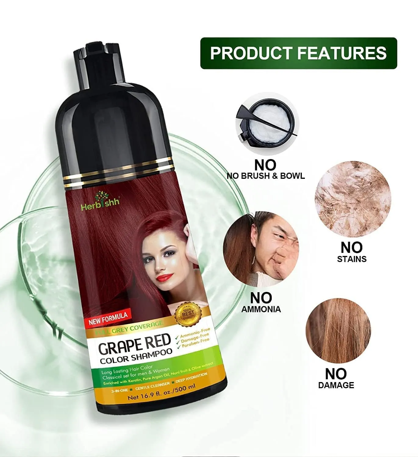 Herbishh Ultimate Hair Color Kit (2 Pcs Grape Red   1 Argan Mask) for Grey Hair - Permanent, Long-Lasting, Easy-to-Apply Color Shampoo for Men and Women