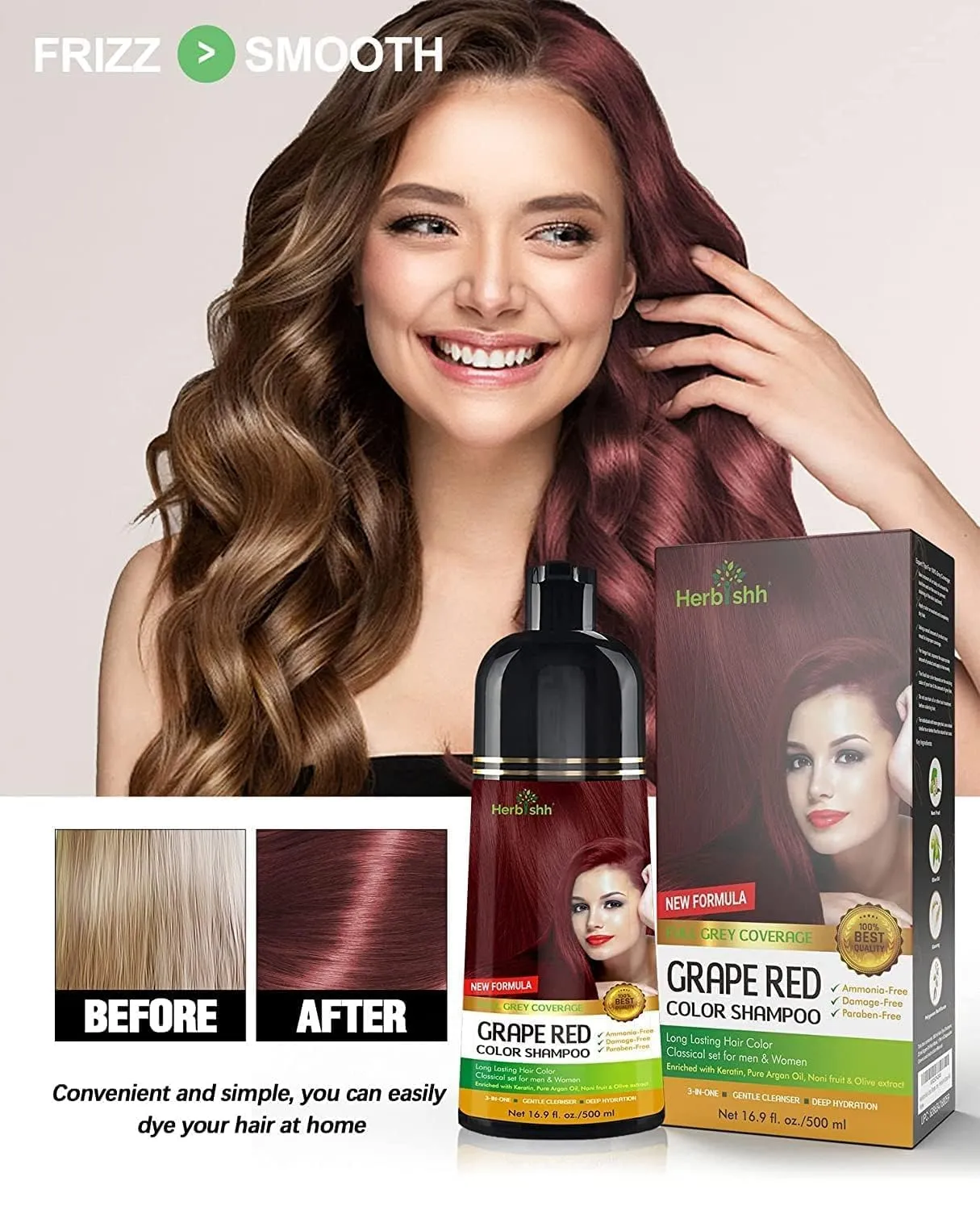 Herbishh Ultimate Hair Color Kit (2 Pcs Grape Red   1 Argan Mask) for Grey Hair - Permanent, Long-Lasting, Easy-to-Apply Color Shampoo for Men and Women