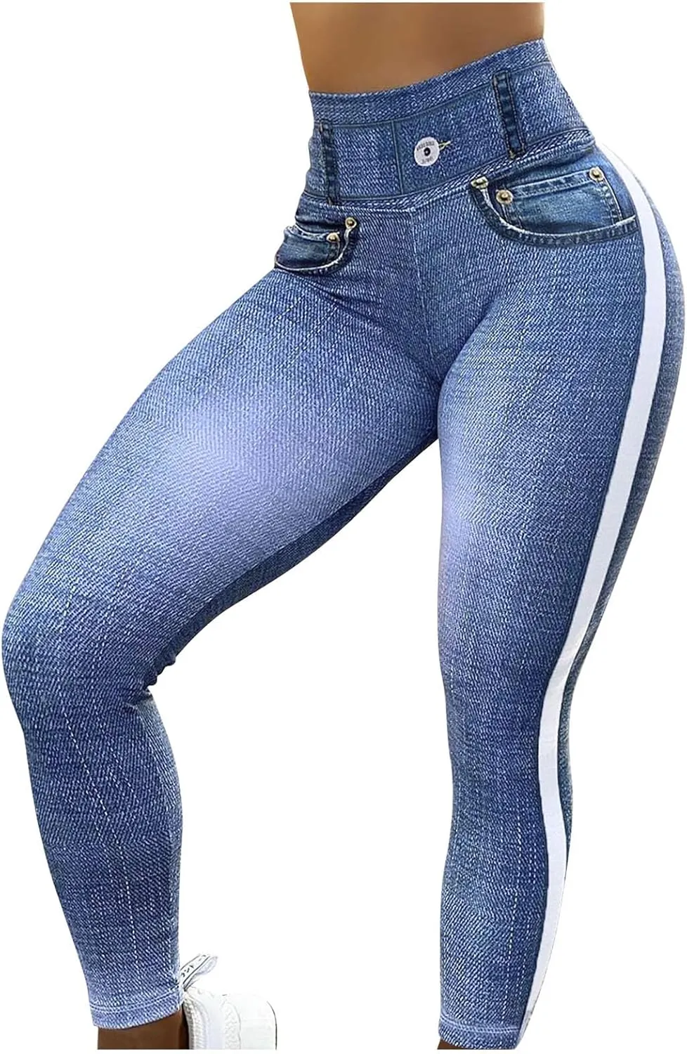 HGps8w Women's Denim Print Fake Jeans Super High Waisted Stretchy Slim Fitted Leggings Casual Skinny Yoga Pants
