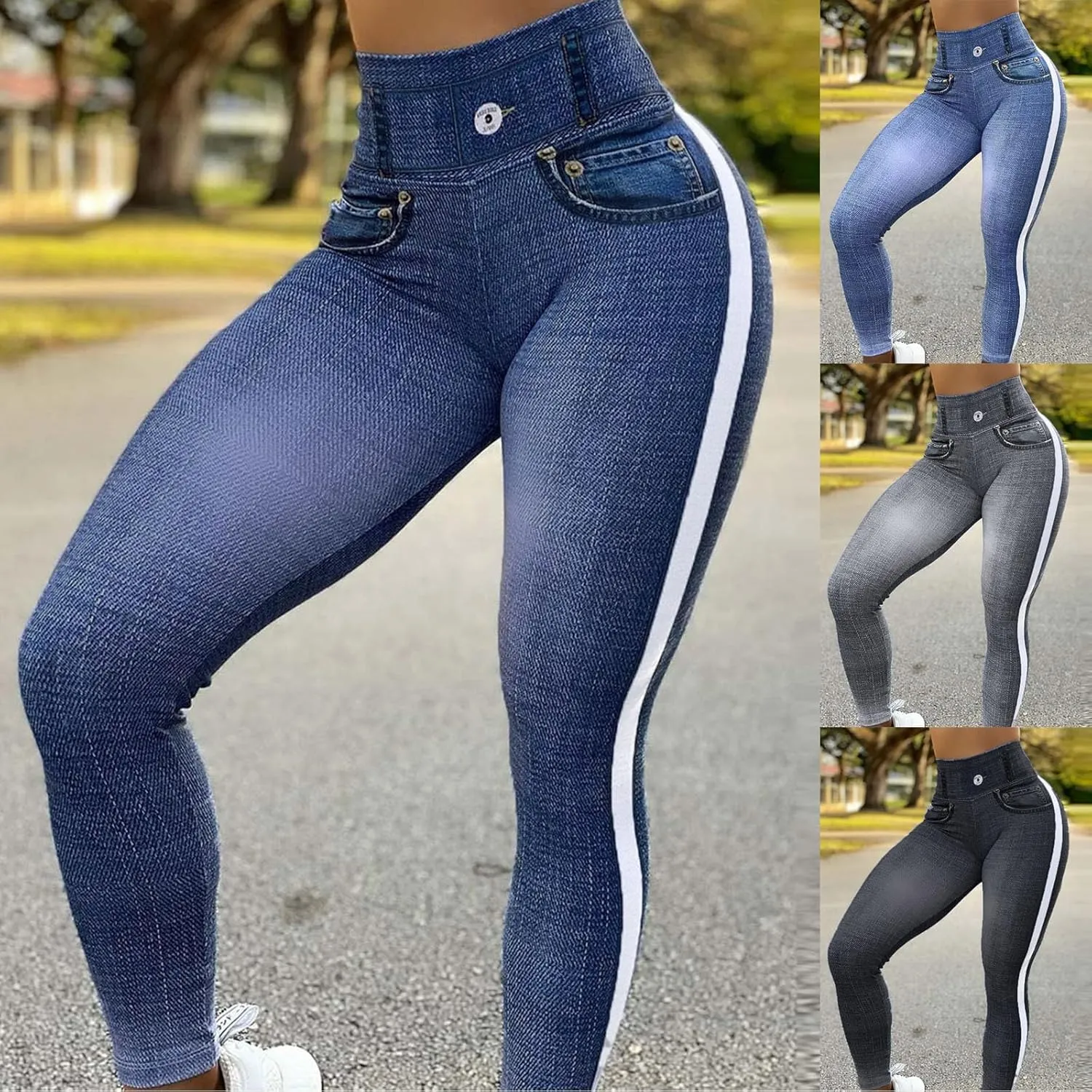 HGps8w Women's Denim Print Fake Jeans Super High Waisted Stretchy Slim Fitted Leggings Casual Skinny Yoga Pants