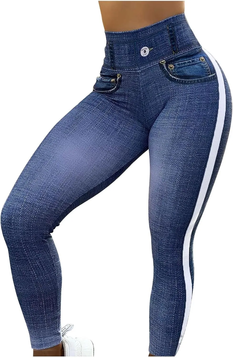 HGps8w Women's Denim Print Fake Jeans Super High Waisted Stretchy Slim Fitted Leggings Casual Skinny Yoga Pants