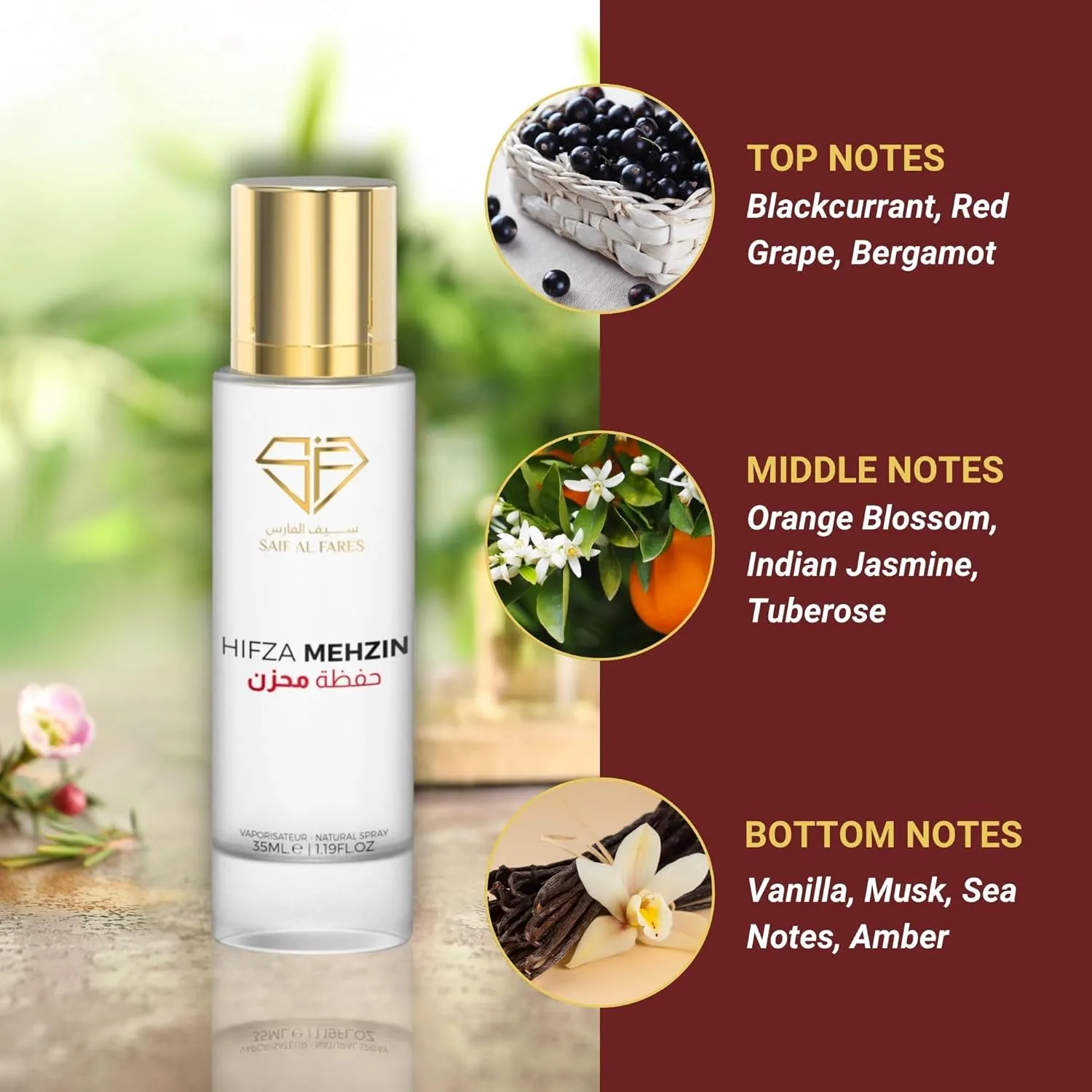 Hifza Mehzin Natural Perfume Spray | Fruity Floral Marine Arabian Perfume for Women | Long Lasting, Alcohol Free Perfume 1.19 Fl. Oz.