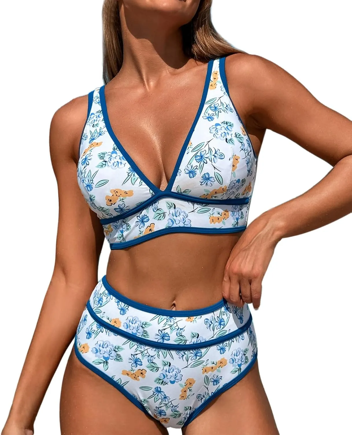 High Waisted Bikini Sets Womens Cheeky Two Piece Swimsuit V Neck Color Block Bathing Suit