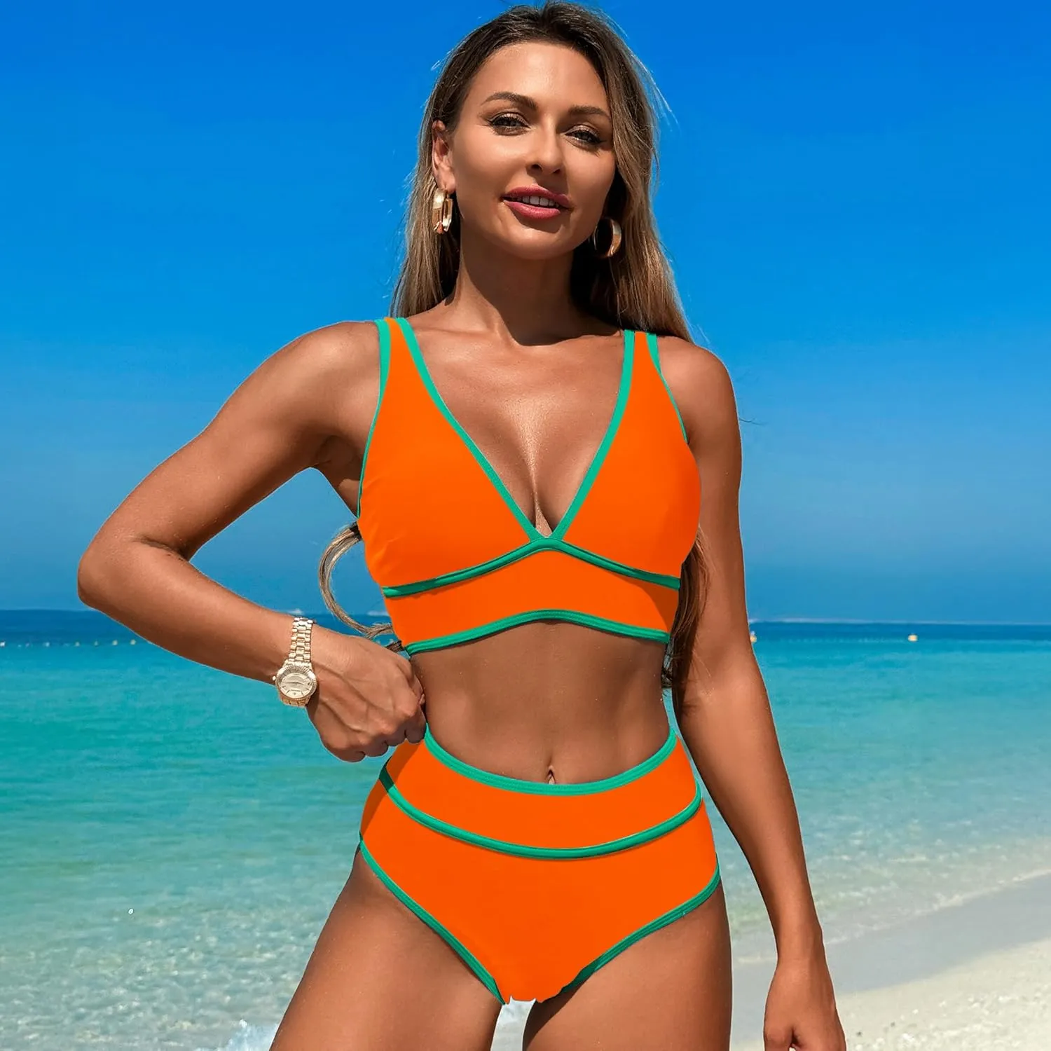 High Waisted Bikini Sets Womens Cheeky Two Piece Swimsuit V Neck Color Block Bathing Suit