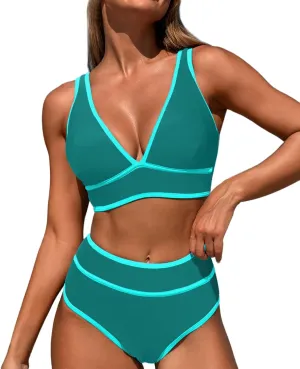 High Waisted Bikini Sets Womens Cheeky Two Piece Swimsuit V Neck Color Block Bathing Suit