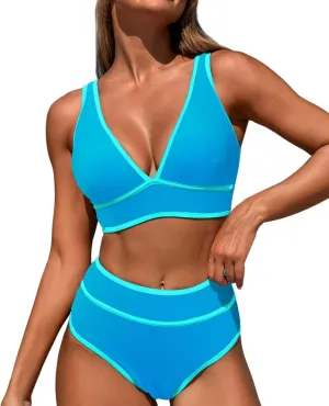 High Waisted Bikini Sets Womens Cheeky Two Piece Swimsuit V Neck Color Block Bathing Suit