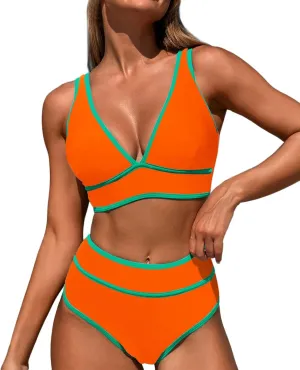 High Waisted Bikini Sets Womens Cheeky Two Piece Swimsuit V Neck Color Block Bathing Suit