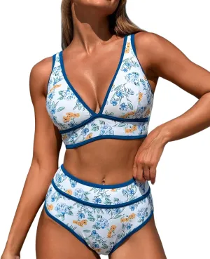 High Waisted Bikini Sets Womens Cheeky Two Piece Swimsuit V Neck Color Block Bathing Suit