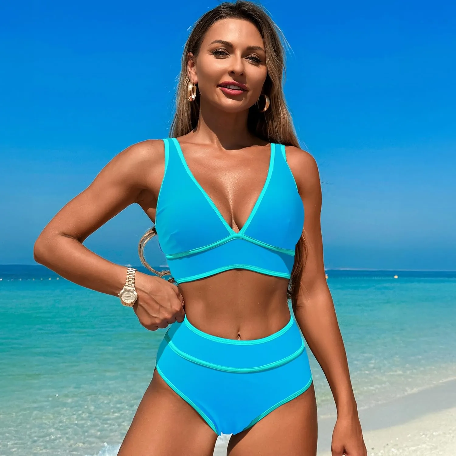 High Waisted Bikini Sets Womens Cheeky Two Piece Swimsuit V Neck Color Block Bathing Suit