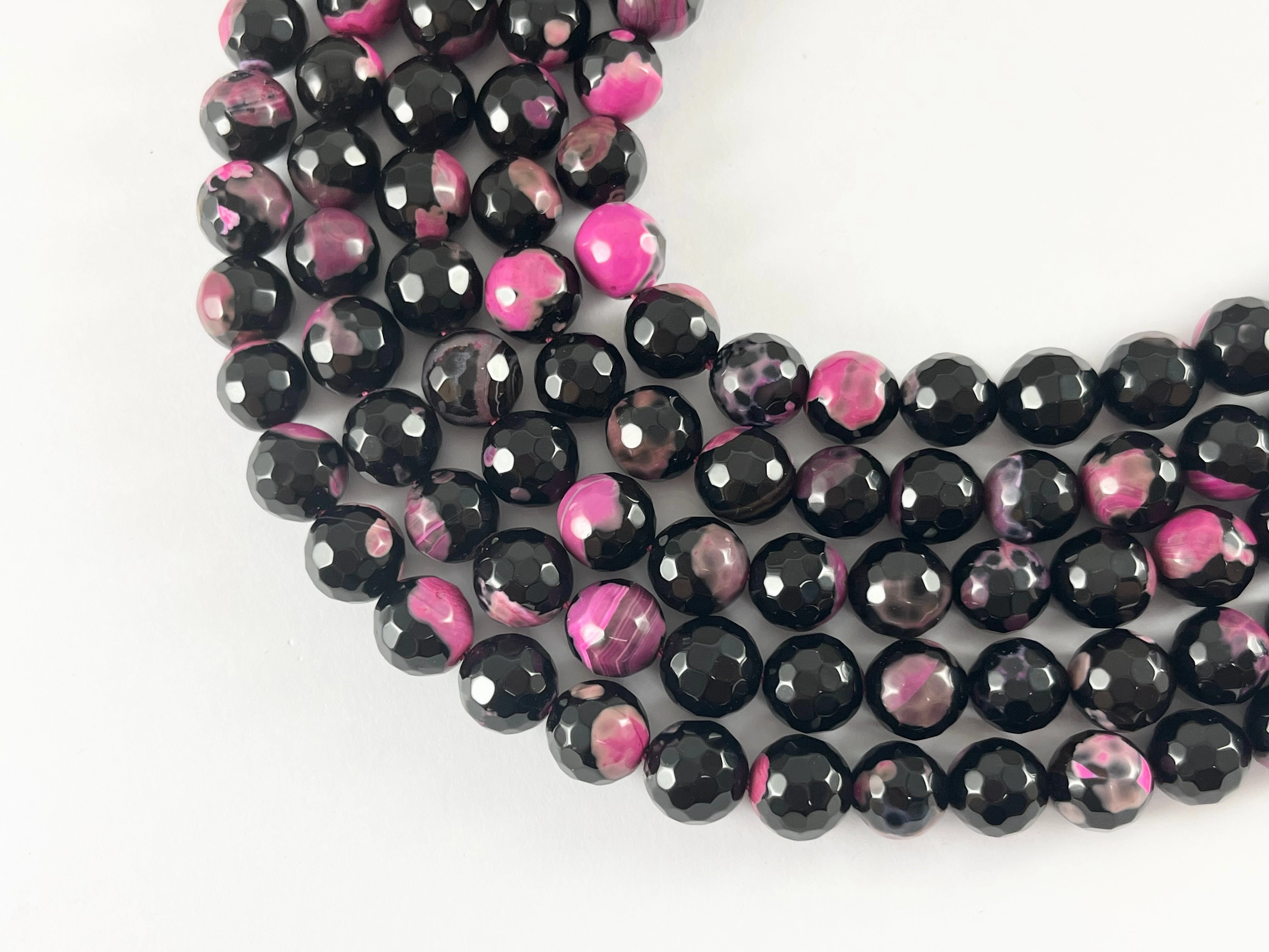 High Quality  Black Pink Dyed Agate Round Faceted Natural Stone Beads Beads Around 15"