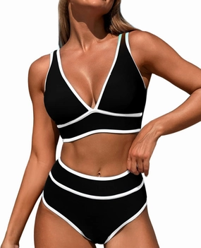 High Waisted Bikini Sets Womens Cheeky Two Piece Swimsuit V Neck Color Block Bathing Suit