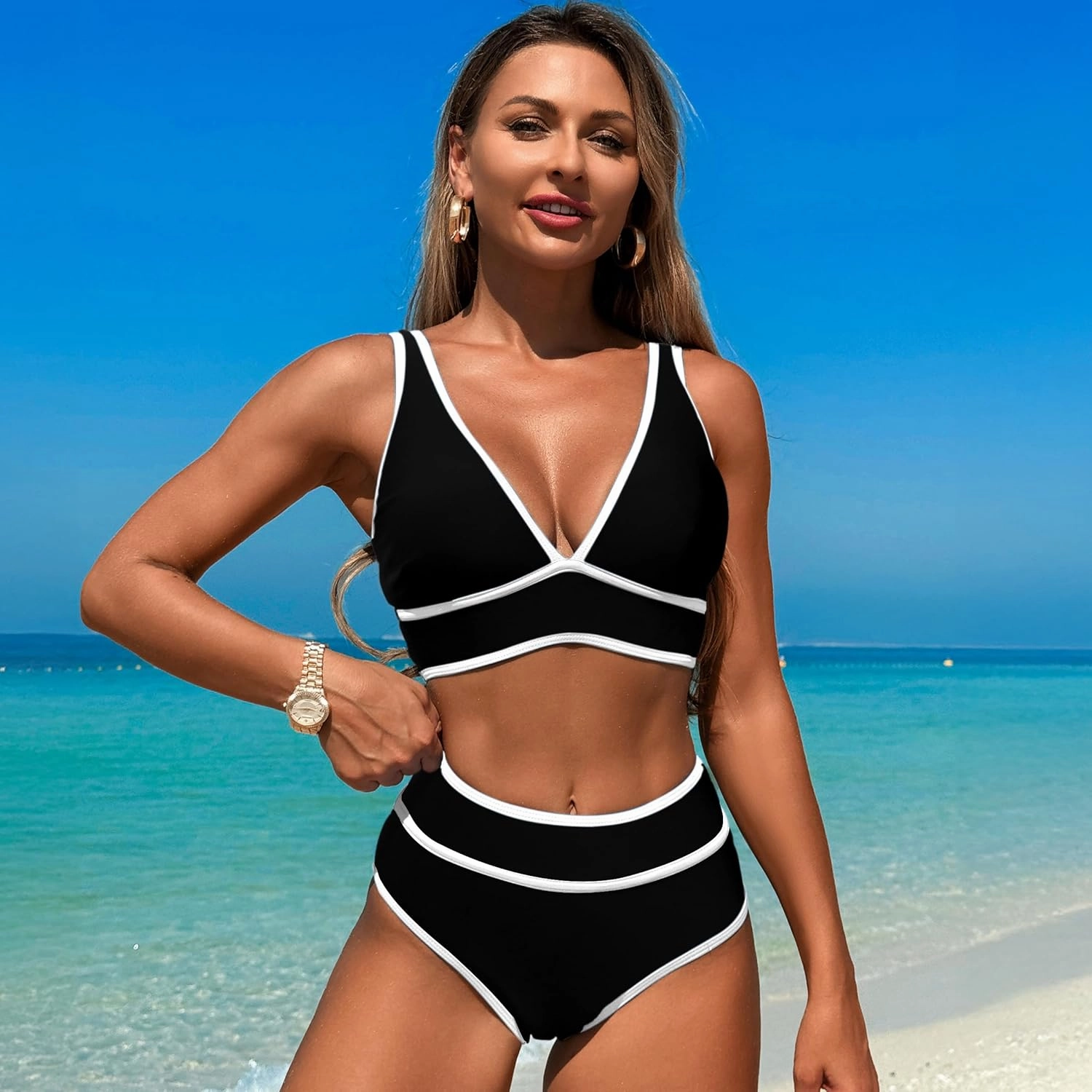 High Waisted Bikini Sets Womens Cheeky Two Piece Swimsuit V Neck Color Block Bathing Suit