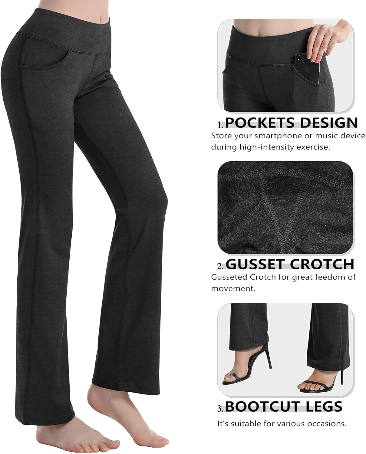HISKYWIN Inner Pocket Yoga Pants 4 Way Stretch Tummy Control Workout Running Pants, Long Bootleg Flare Pants