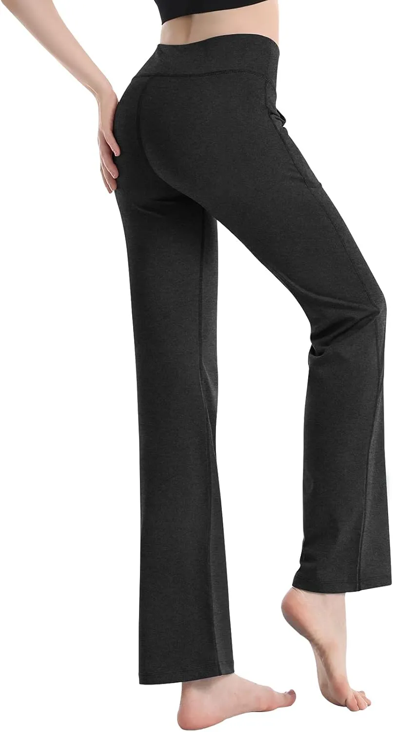 HISKYWIN Inner Pocket Yoga Pants 4 Way Stretch Tummy Control Workout Running Pants, Long Bootleg Flare Pants