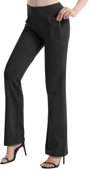 HISKYWIN Inner Pocket Yoga Pants 4 Way Stretch Tummy Control Workout Running Pants, Long Bootleg Flare Pants