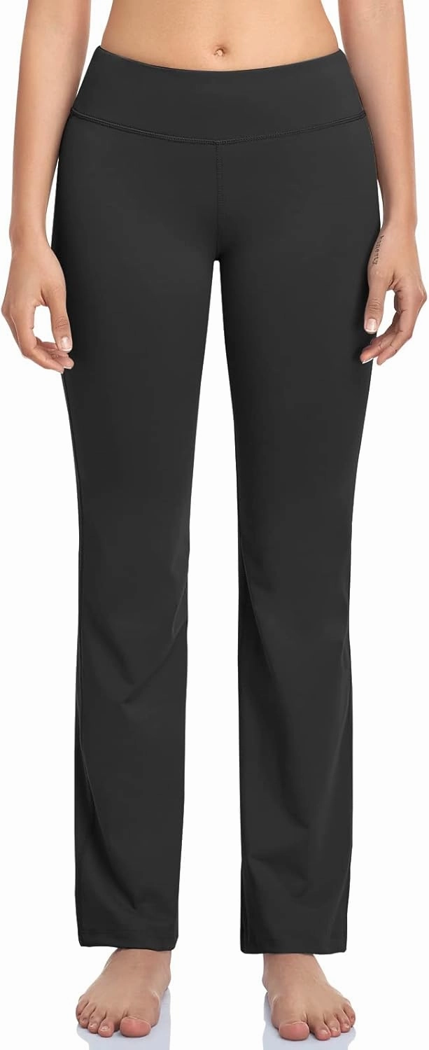 HISKYWIN Inner Pocket Yoga Pants 4 Way Stretch Tummy Control Workout Running Pants, Long Bootleg Flare Pants