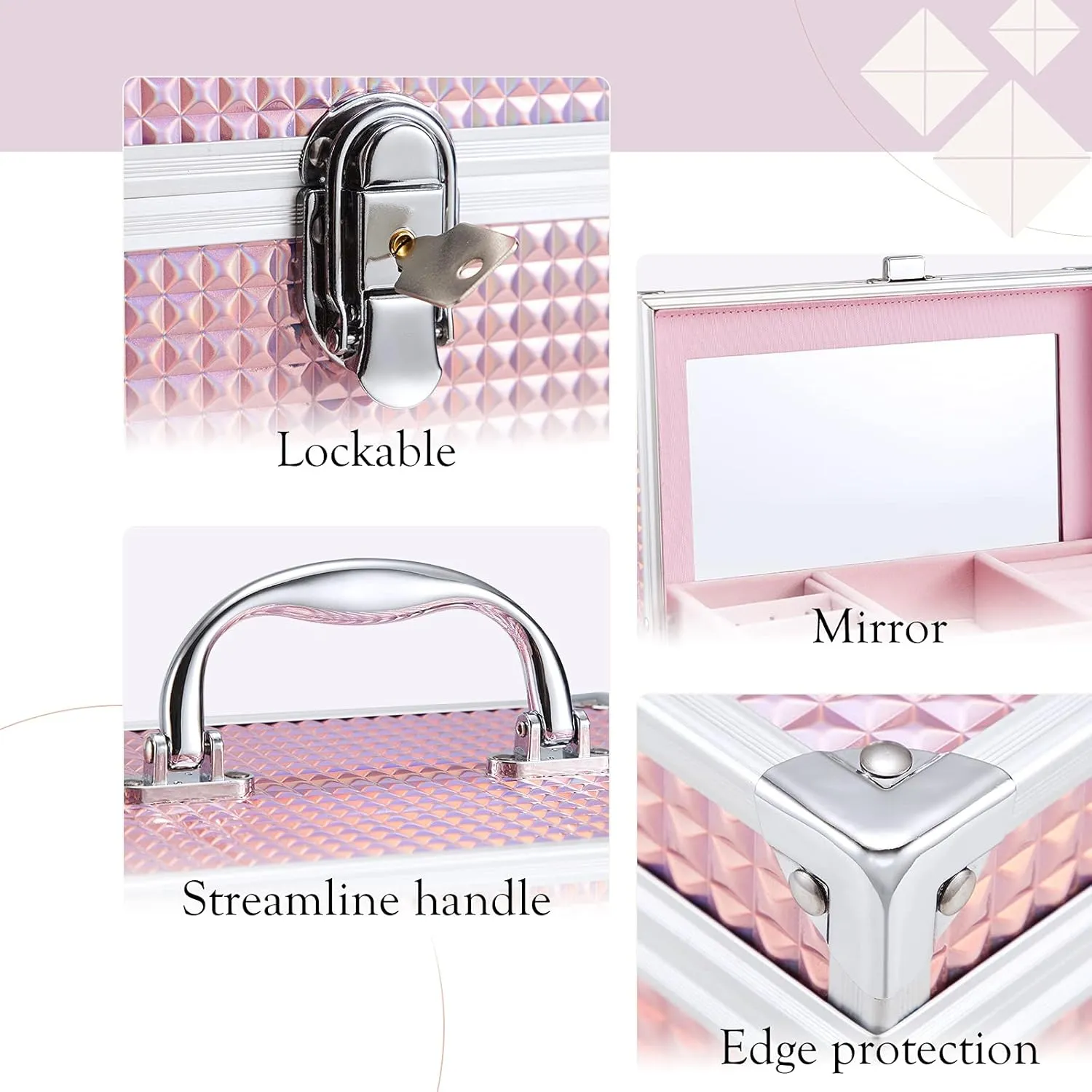 Hododou Girls Jewelry Box Organizer with Drawer & Mirror, Shiny Pink Style Lockable Storage Case for Kid or Little Girls Jewelry and Hair Accessories